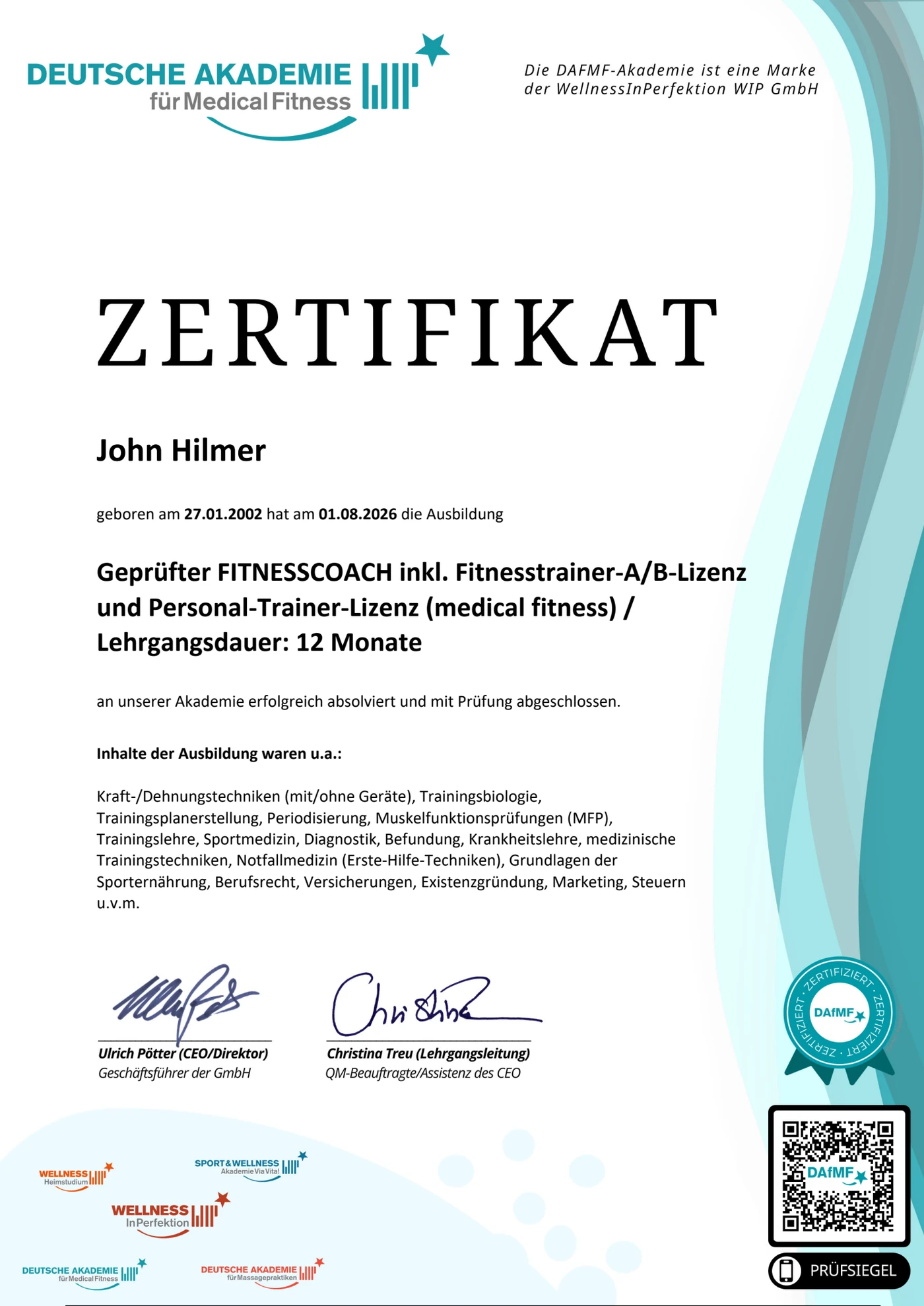 Deutsches Zertifikat von John Hilmer als geprüfter Fitnesscoach